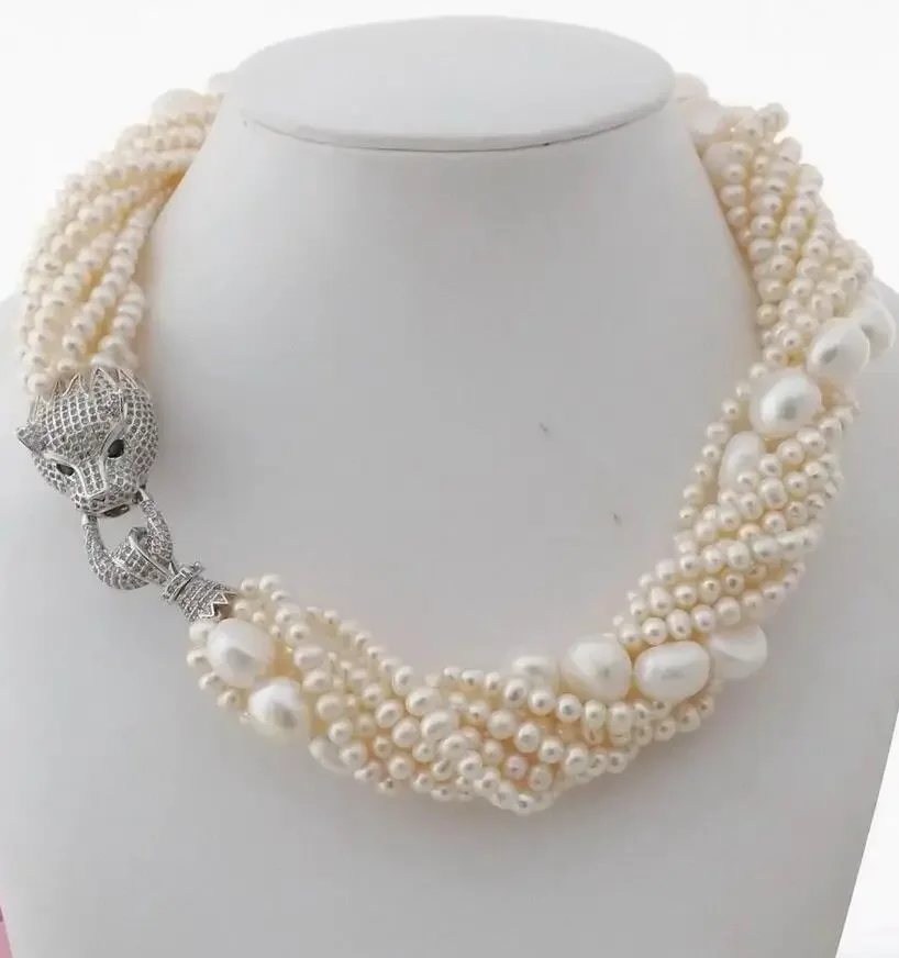 

natural 7 Strands Freshwater Pearl 5-11MM Necklace Cz Pave Leopard head Clasp 18inches necklaces for women