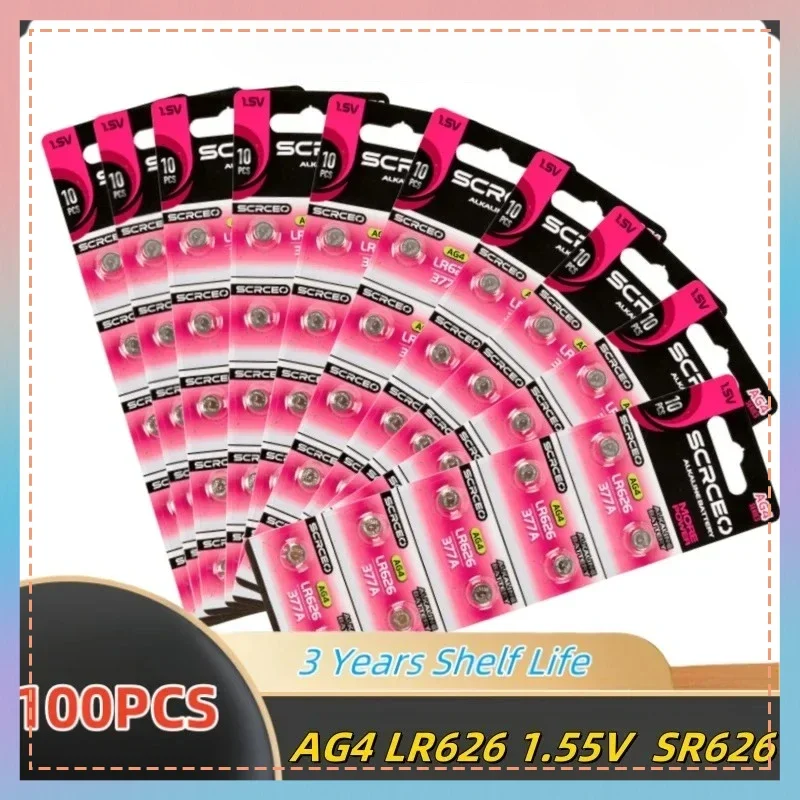 100 قطعة AG4 LR626 1.55 فولت بطارية ساعة قلوية 377 SR626 177 626A 377A CX66W لعبة آلة حاسبة مفتاح السيارة على مدار الساعة خلية زر #1