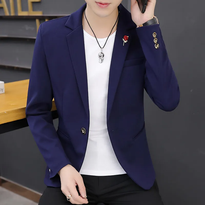 

Men's Slim Fit Spring Jaet Color Korean Sle Casual Single Suit Trendy Spring Autumn Versatile Long Sve Button up