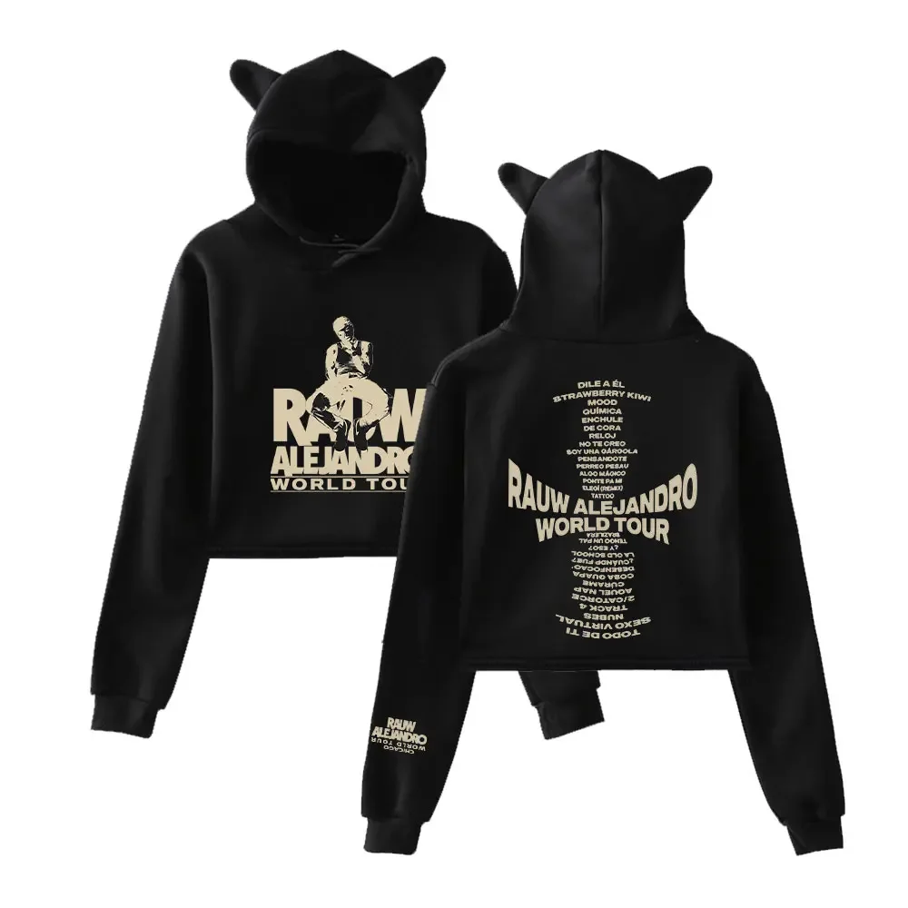 Rauw Alejandro World Tour Crop Top Hoodie Women Streetwear Hip Hop Kawaii Cat Ear Harajuku Cropped Sweatshirt Pullover Tops