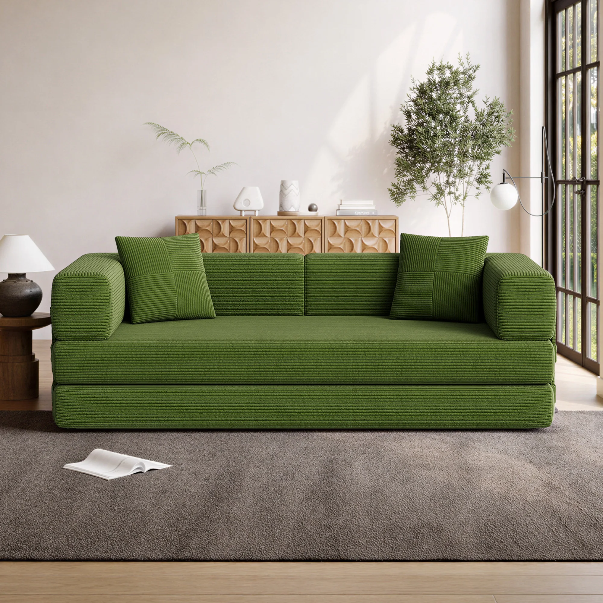 Modular Floor Sofa Frameless Compression Straight Couch 3 Seater Convertible Lazy Sofa High Density Foam Corduroy Upholstered Living Room Apartment Furniture view 2