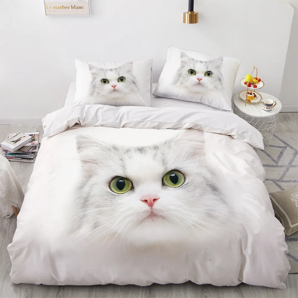 White Cat Bedding Set Cute Animal 3D Printing 200x200cm Double Queen Duvet Cover with Pillowcases 3 Pieces Polyester Quilt Cover