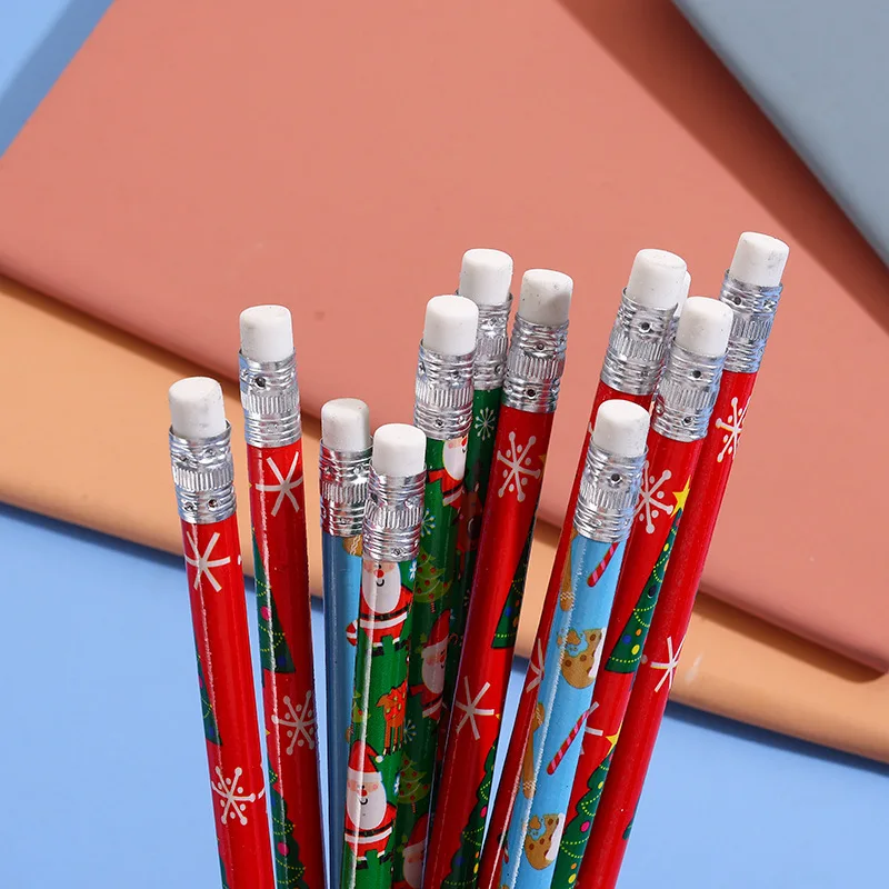 50pcs Christmas Wooden HB Pencils with Eraser Topper, Xmas Printed Kids Writing Stationery, Holiday Party Favor Goodie Bag
