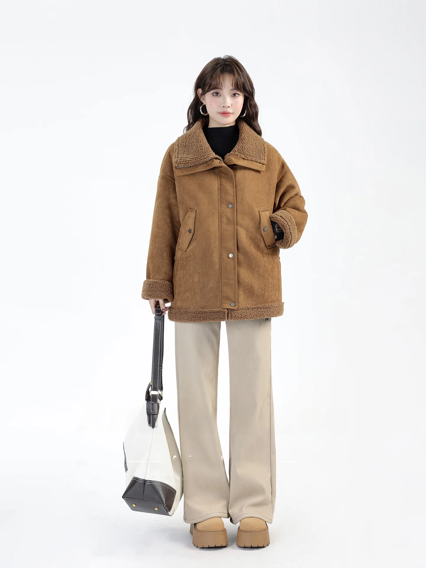 

Browan Mermaid Sle Suede Jaet с меховым воротником ягненка, теплое зимнее новое модное женское пальто, универсальное корейское пальто