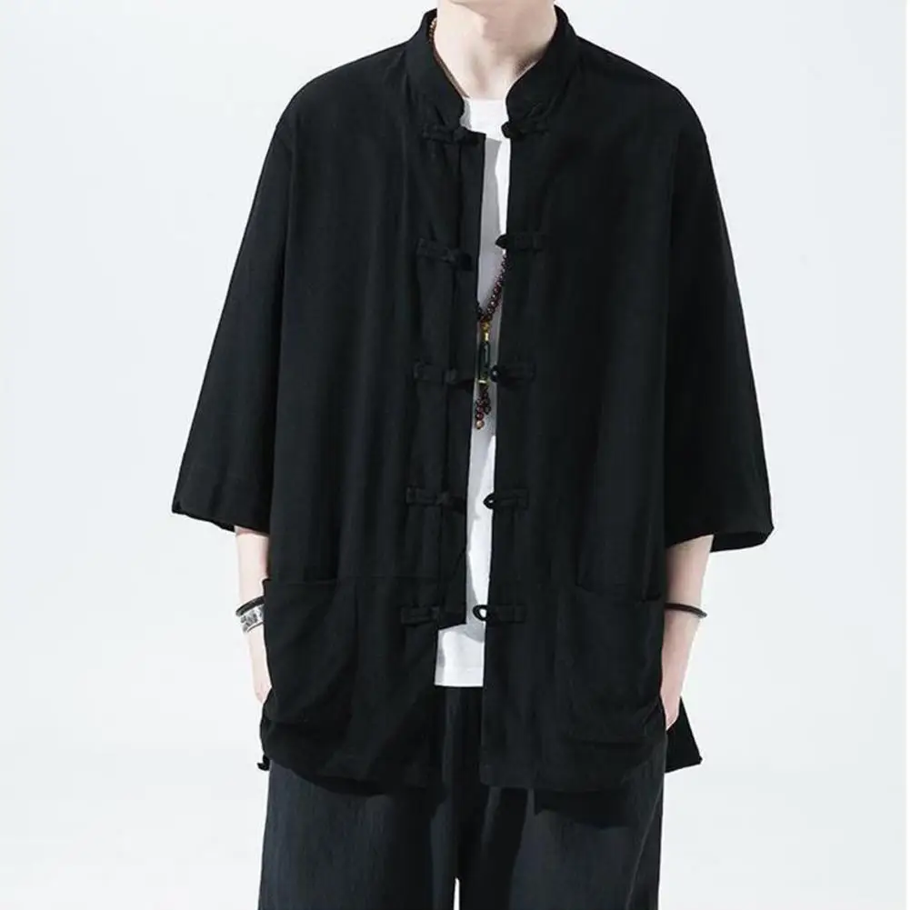 Men's Chinese Style Shirt Loose Retro Button-down Shirt with Pockets Cotton Linen Breathable Summer Shirt for Street Party Trave