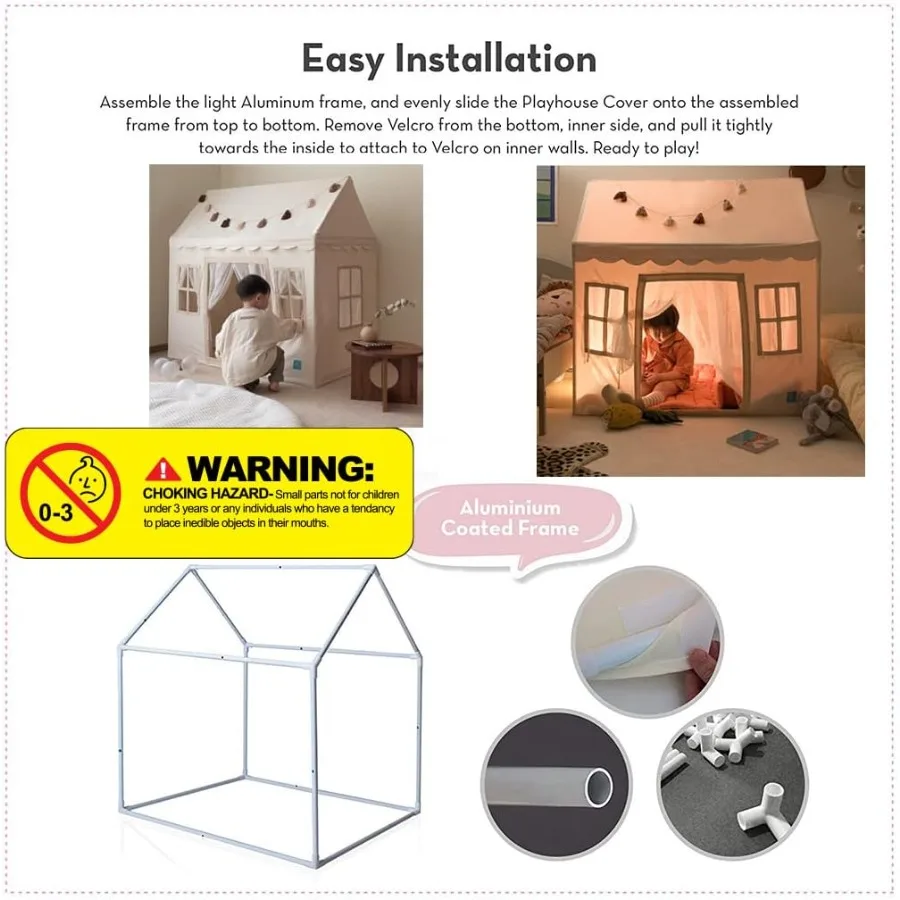 Tente de maison de jeu pour enfants avec tissu 100 % coton et 5 fenêtres - Tente de jeu de qualité supérieure faite à la main pour intérieur et extérieur - Légère et