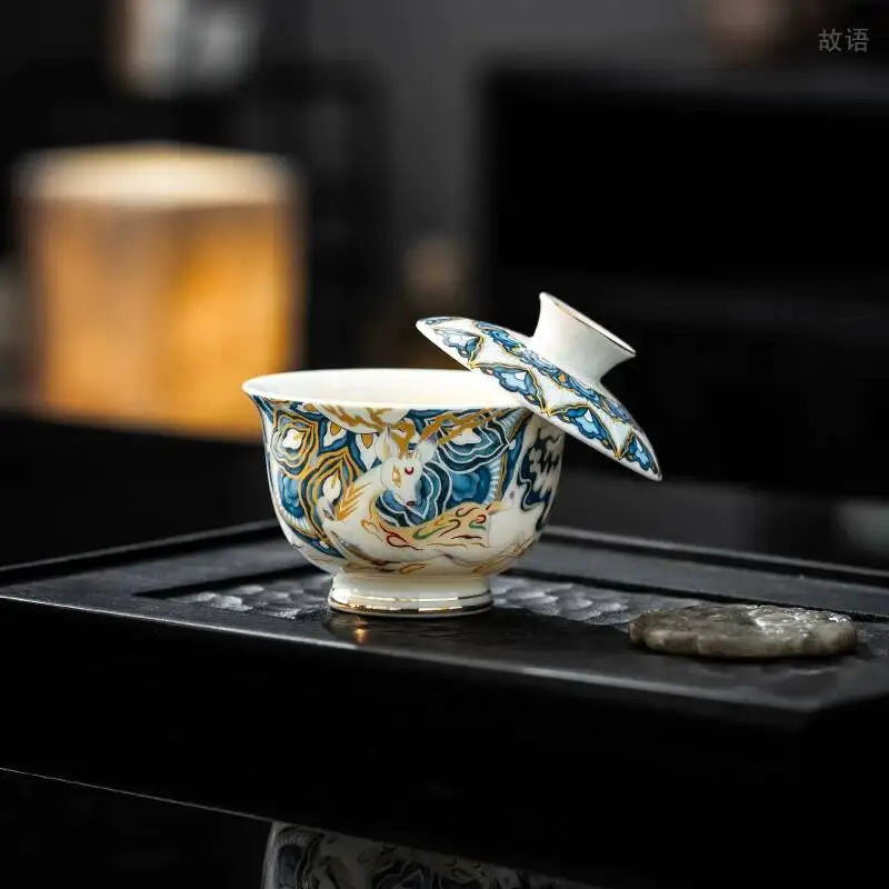 Dunhuang Nine-Colored Deer Blue White Gold Silver Inlaid Covered Bowl Cup With Lid Home Use Kung Fu Set Drinking Tea And Brewing