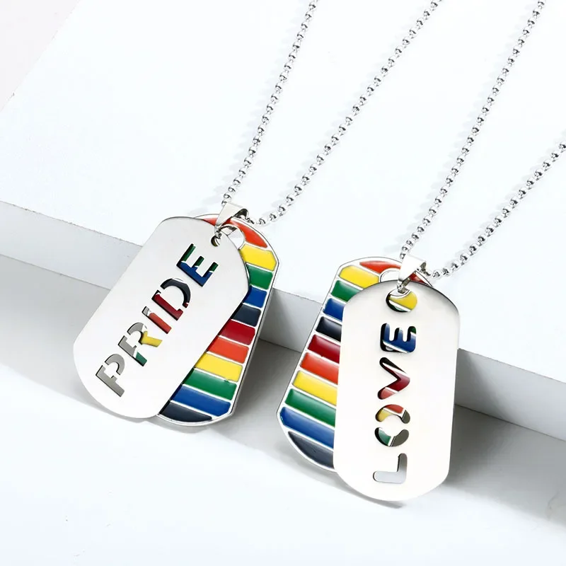 Rainbow Square Hang Tag Stainless Steel Man Chain Hip Hop Pendant Necklace for Women Men Pride Love LGBT Lesbian Gay Jewelrey