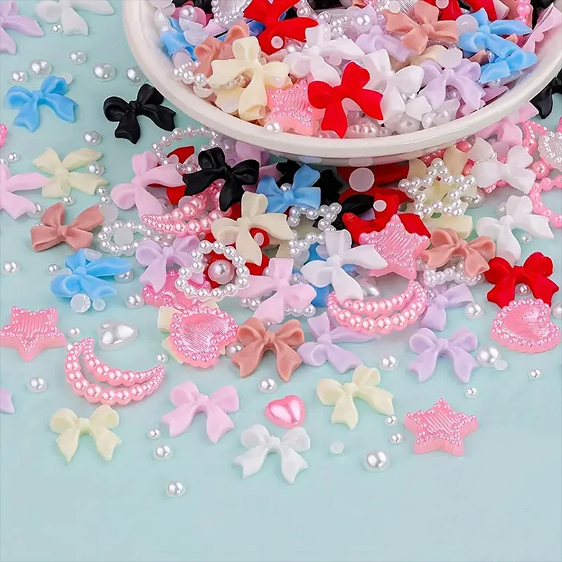 600 قطعة من دلايات قوس الأظافر ثلاثية الأبعاد واللؤلؤ المسطح للأظافر، عقدة على شكل فيونكة ملونة من الراتنج لفن الأظافر، مع ملاقط قلم الأظافر #2