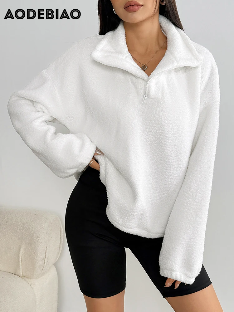 AODEBIAO Women Hoodie Autumn Winter Long Sleeves Fashion Zippers White Hairy Hoodie Solid Keep Warm Coat Top Casual Hoodie Lady