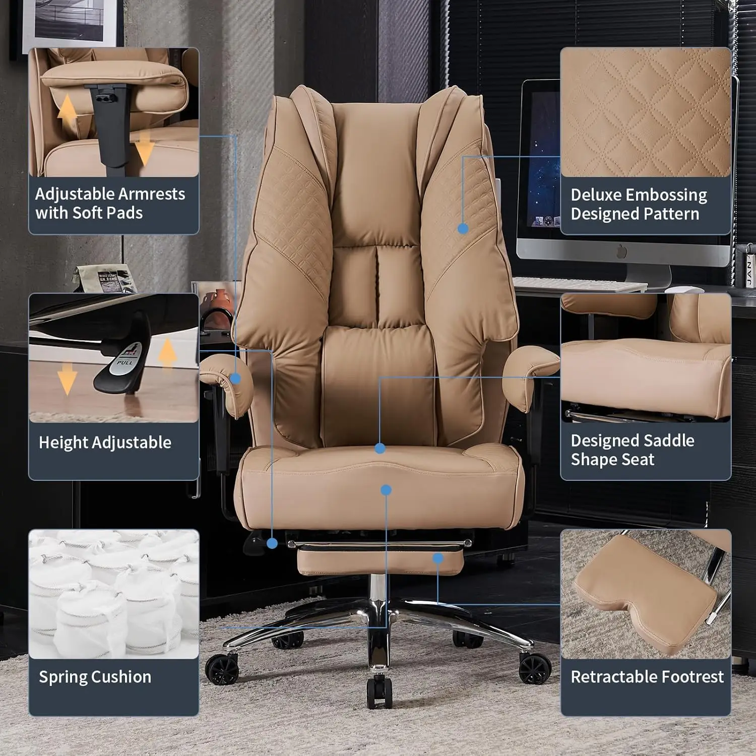 Big and Tall Office Chair 400lbs Wide Seat,Leather High Back Executive Office Chair with Foot Rest,Ergonomic Office Chair Lumbar