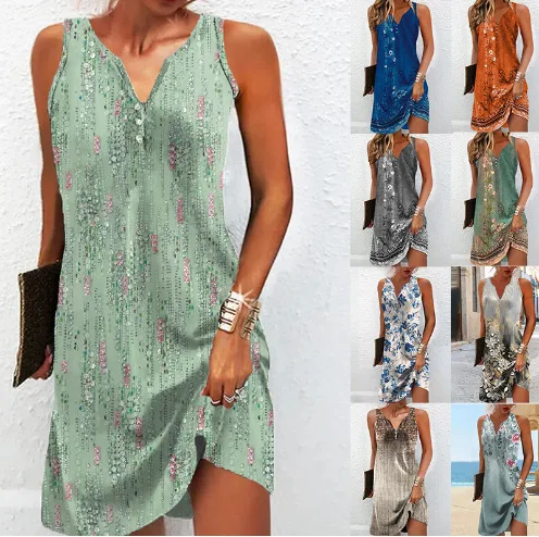 

Western Women's Floral Button Casual A-line Sleeveless Vest V-neck Dress