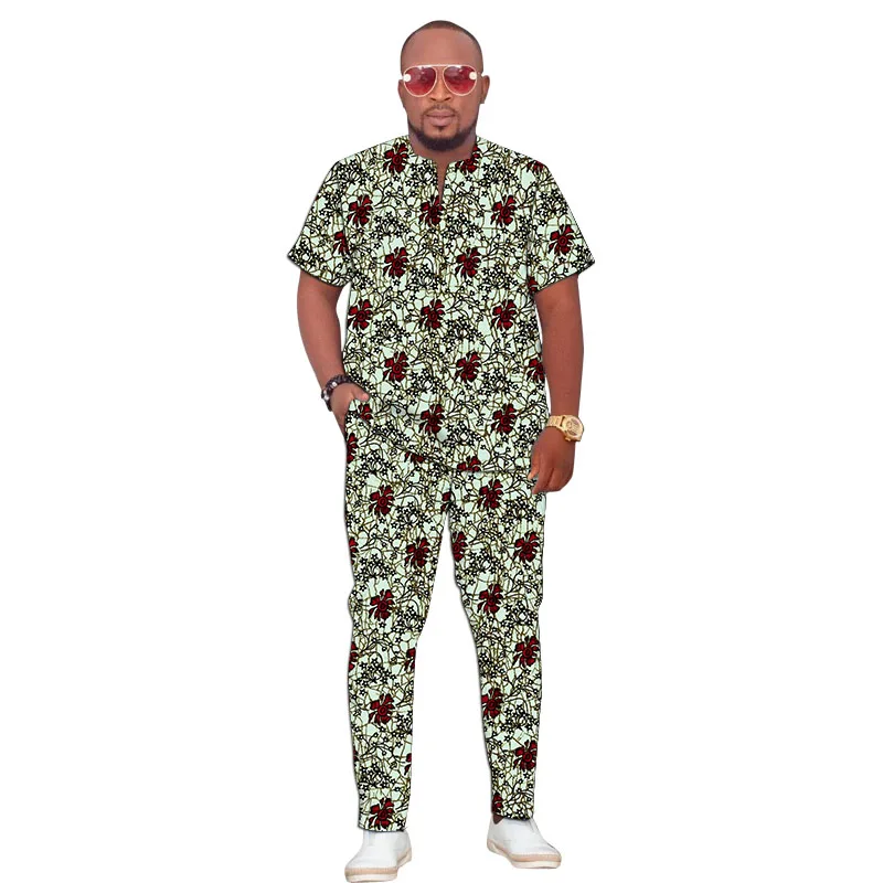 

African Clothes Short Sleeve Tops With Trousers Men's Groom Suit Male Nigerian Fashion Pant Sets Wedding Party Outfits