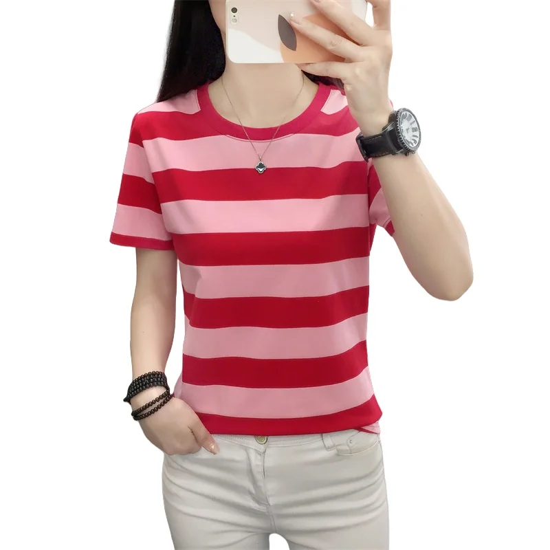 

Summer Women's Short Sleeve T-shirt Plus Size Loose Cotton Casual Comfortable Breathable Round Neck Half Sleeve Striped T-shirt
