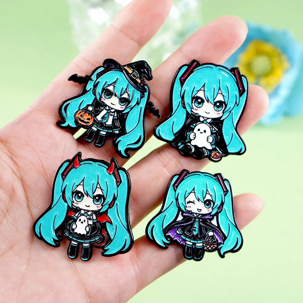 4Pcs/Set Hatsune Miku Halloween Enamel Pins Cute Anime Character Lapel Badge Ghost Pumpkin Witch Devil Brooch