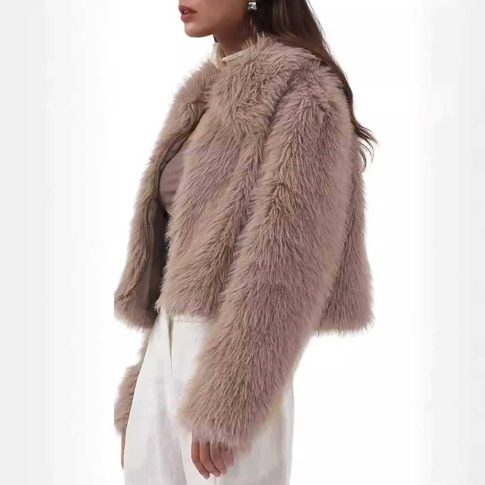 

New Stylish Short Faux Fox Fur Coat Floating Hairy Jacket Women Winter Mink-like Furry Overcoat Woman Plain Fuzzy Shaggy Jacket