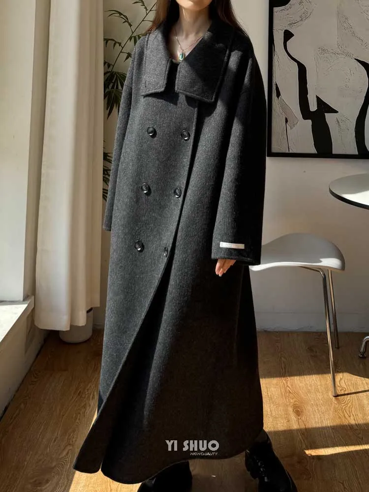 Autumn Winter New Korean High-end Dark Gray Standing Collar Double-sided Wool Coat Casual Long Coffee Woolen Coat for Women