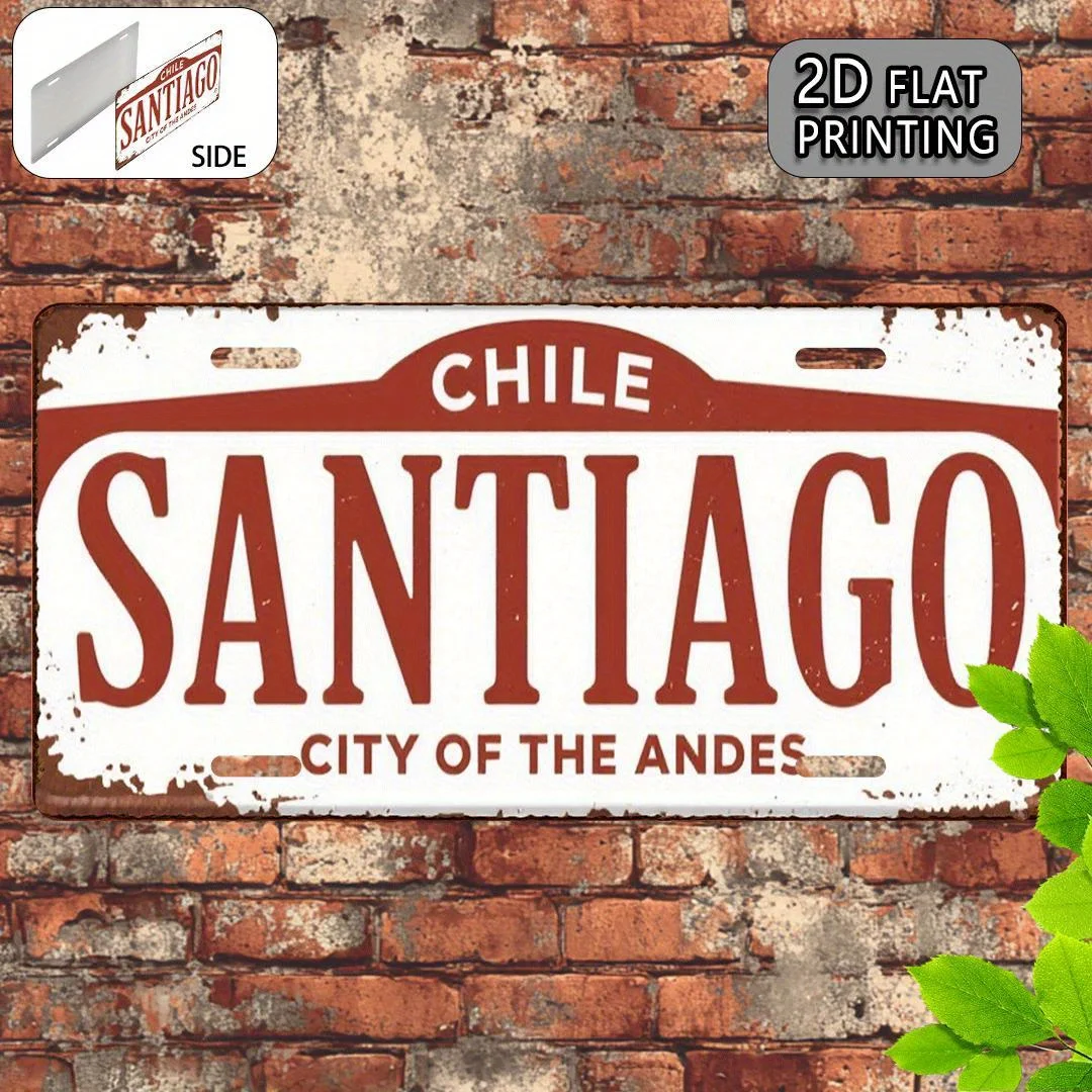 Santiago de Chile Vintage Metal License Plate Sign - Antique Brown & reddish-Brown Rustic Design, City of the Andes Decoration