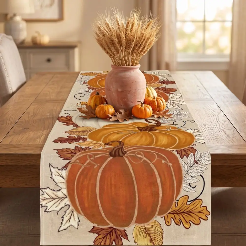 Autumn Harvest Theme Pumpkin Table Runner Rectangular Durable Farmhouse Table Runner Decorative Autumn Table Runner
