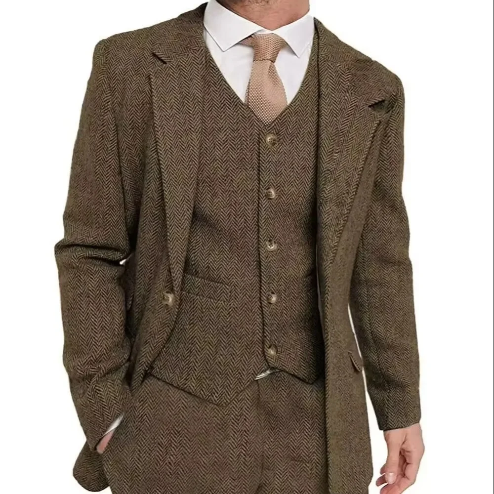 بدلة رسمية للرجال من جلد القرش البني من التويد مكونة من 3 قطع سترة للتدخين وبنطلون للأعمال وحفلات الزفاف #6