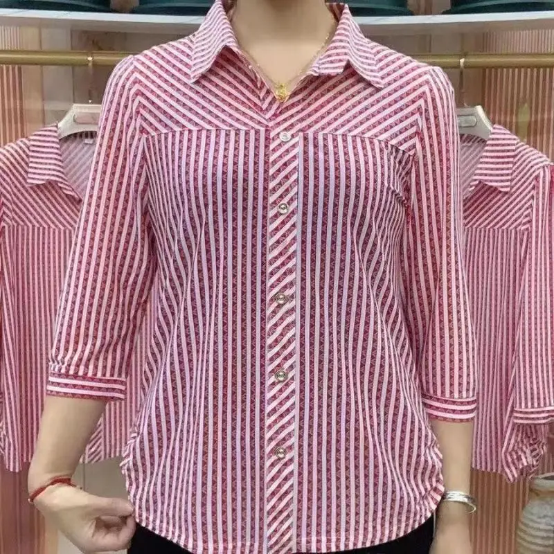 2024 Summer New Women\'s Simplicity Polo-Neck Button Spliced Irregular Fashion Loose Casual 3/4 Sleeved Striped Shirt Tops