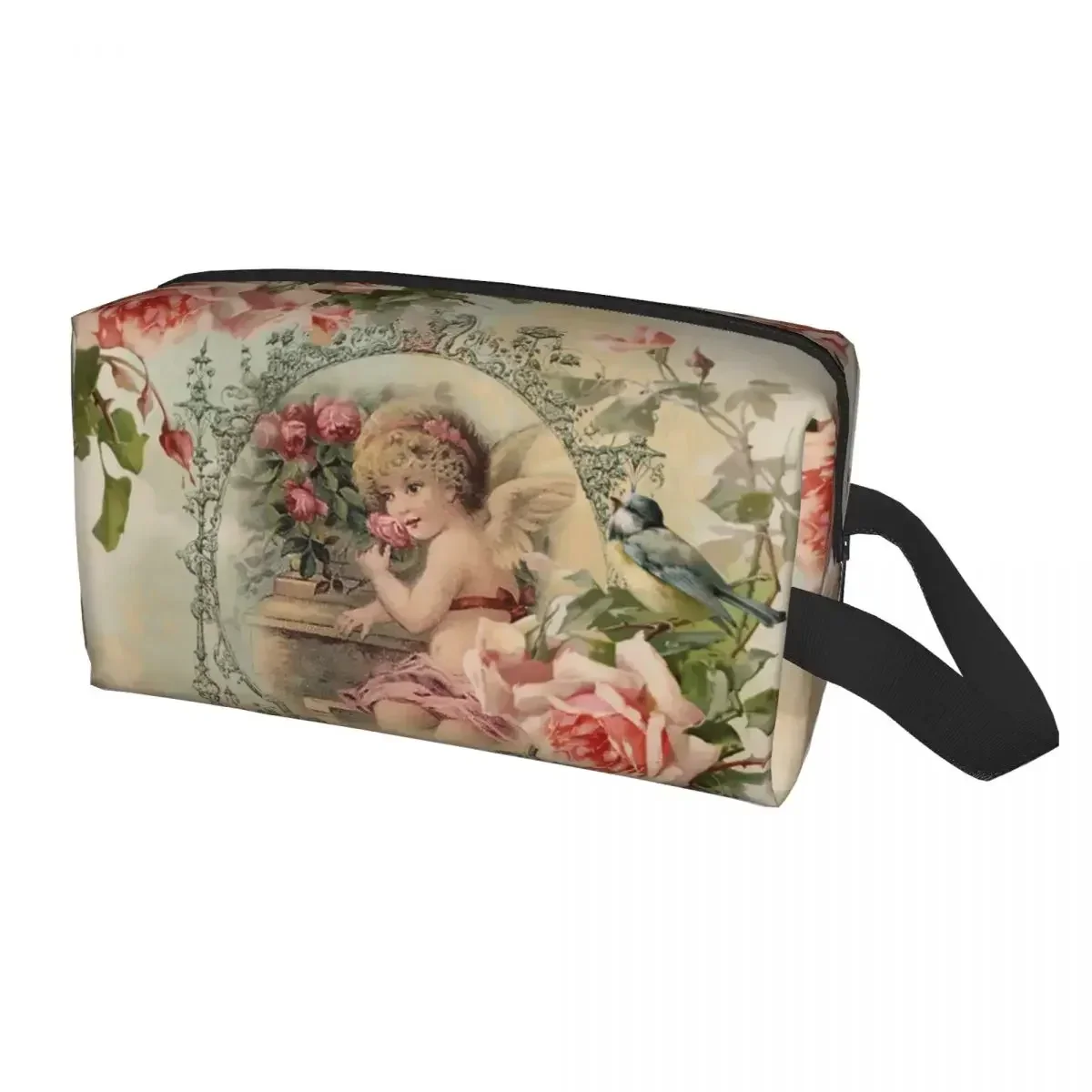 Travel Victorian Angel Print And Pink Vintage Roses Toiletry Bag Fashion Cosmetic Makeup Organizer Beauty Storage Dopp Kit Case