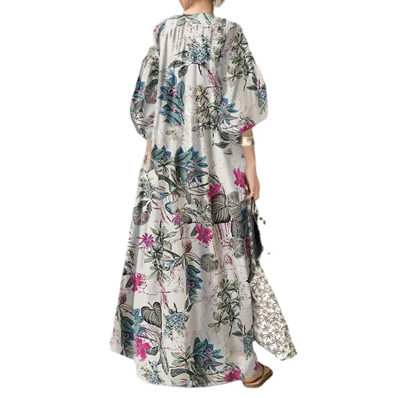 2024 new ladies fashion Chinese style printing V-neck simple cotton hemp loose leisure home long large size dress