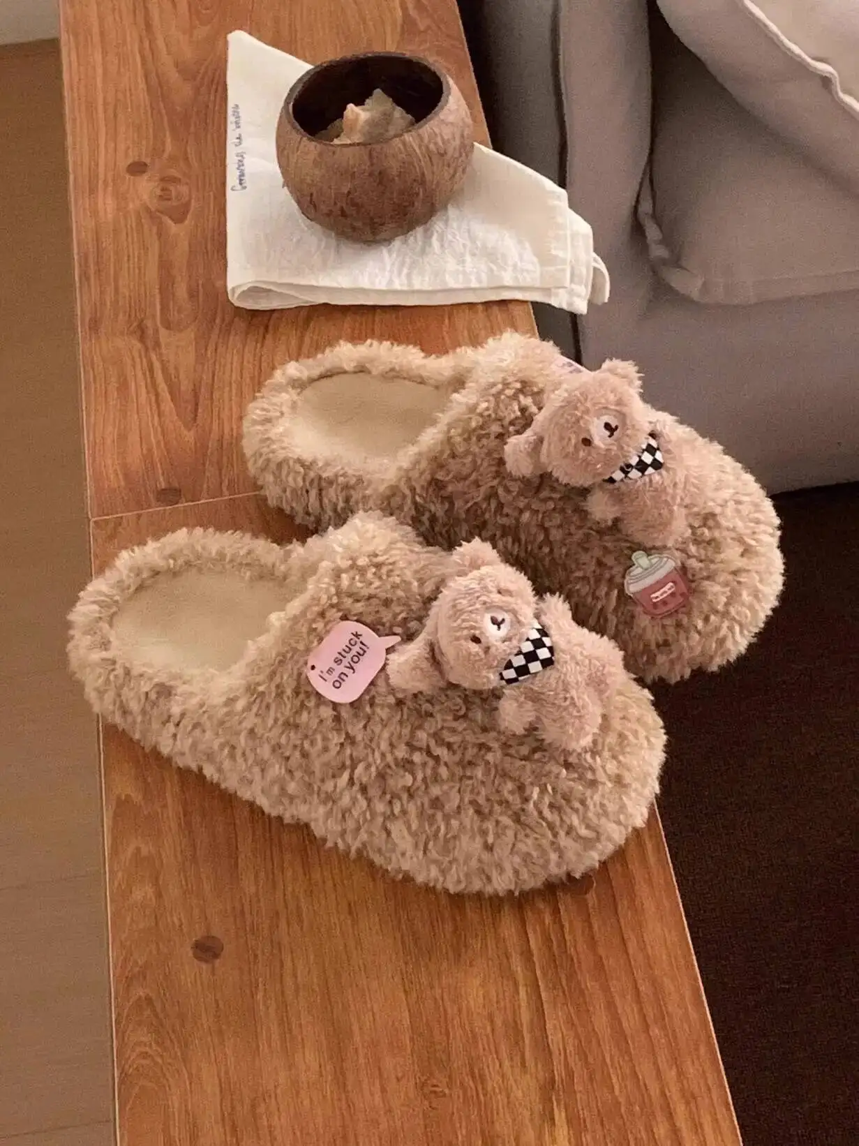 

Plush Home Slippers 2025 Autumn Winter Women Cotton Slippers Soft Women's Slippers Scarf Bear Warm Non-Slip Indoor Household