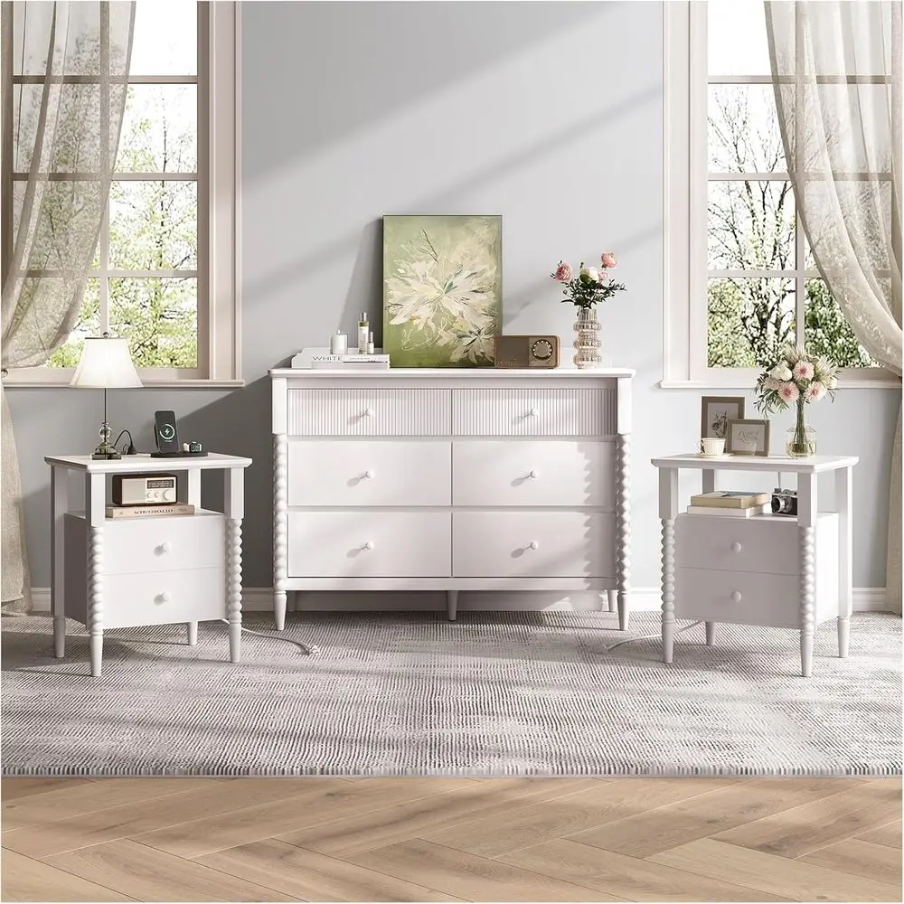 

Винтажный комплект для спальни из 3 предметов из массива дерева с прикроватной тумбочкой и комодом, белый