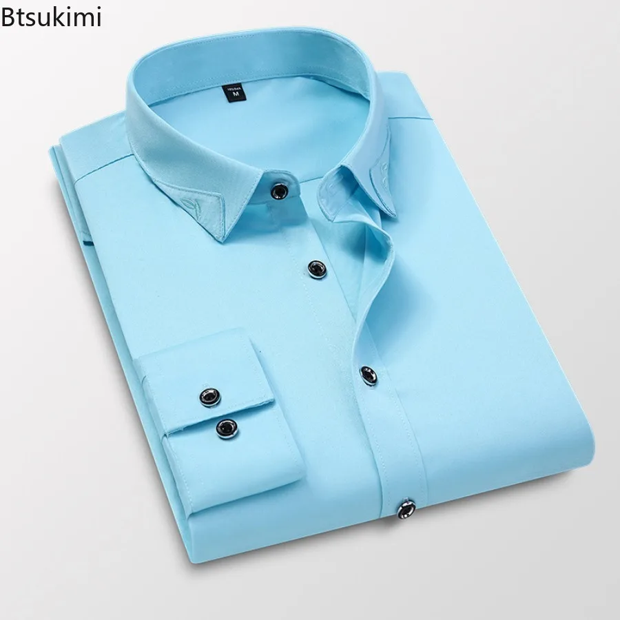 Camicia elasticizzata da uomo nuova Business Casual Manica lunga Resistente alle rughe Camicia non stiratura Moda ricamata Slim Top Camicetta da uomo