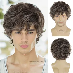 GNIMEGIL Synthetic Short Curly Wigs for Men Brown Mix White Hair Wig with Bangs Fashion Perm Hairstyle Natural Fluffy Cosplay