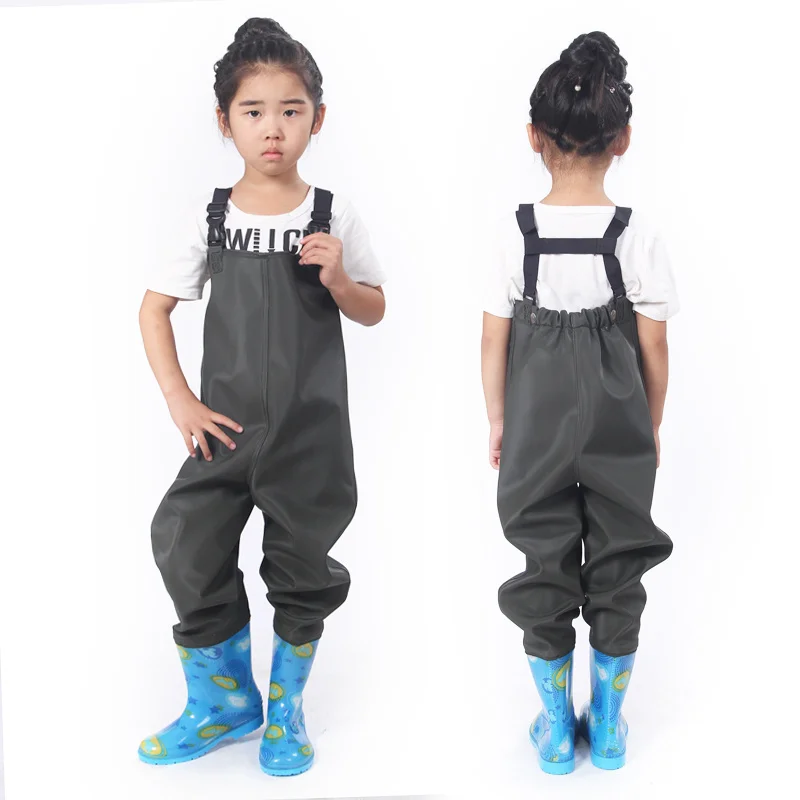 Kids PVC Outdoor Waterproof Breathable Waist Waders Rompers Pants Shoes Children Camping Fishing Fork Siamese Rain Trouser Boots