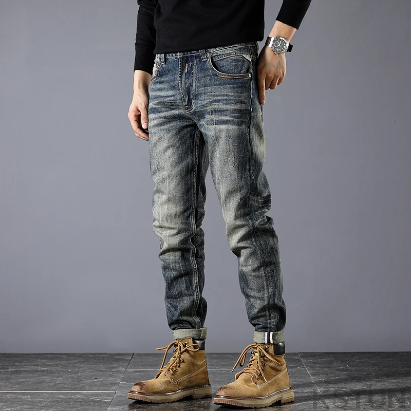 Jeans di lusso da uomo Stretch Slim Straight Men Denim Pants Hip Hop Retro Blue Mens Designer abbigliamento pantaloni originali 2024 autunno