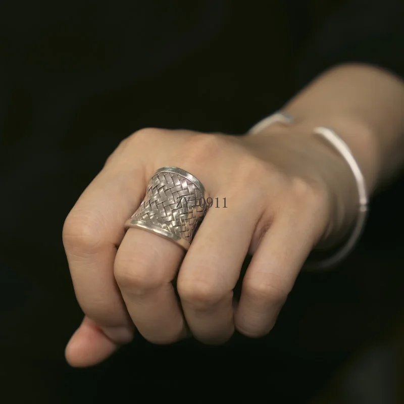 Hand-woven silver jewelry ring women's personalized retro trendy and exaggerated ring boys' hand jewelry
