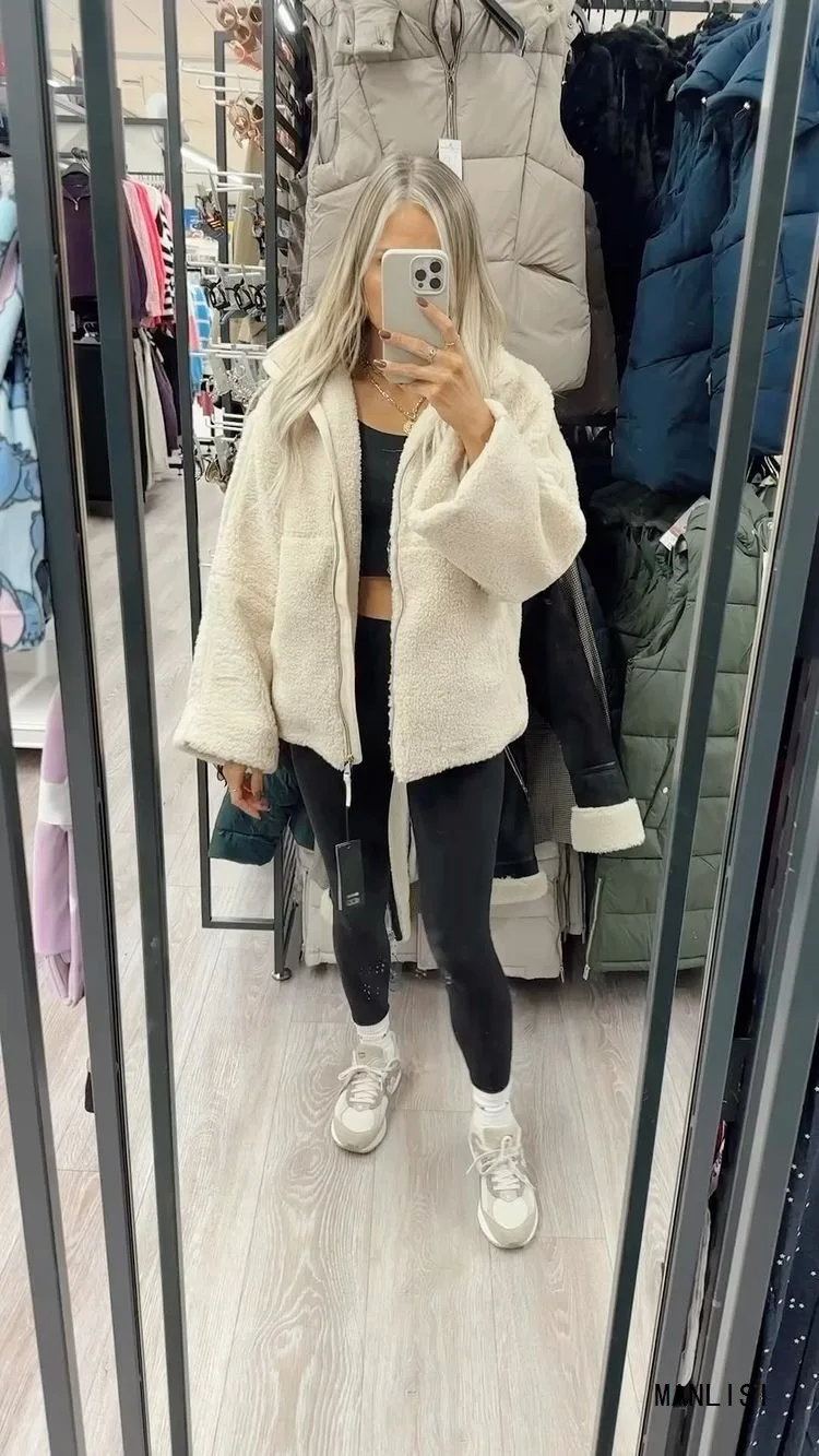 Elegant Solid Lamb Wool Warm Coat Women Fashion with Pocket Zipper Long Sleeves Jackets 2023 Autumn Casual High Street Outwear