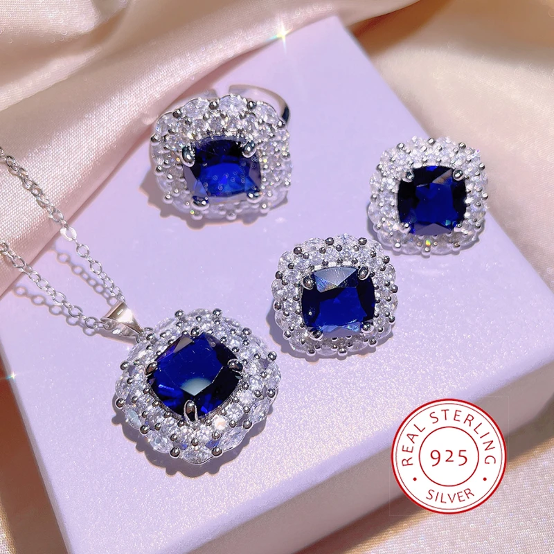 925 Sterling Silver Light Luxury Fashion Geometric Blue Pendant Necklace Set Women\'s Full Cubic Zirconia Luxury Wedding Jewelry