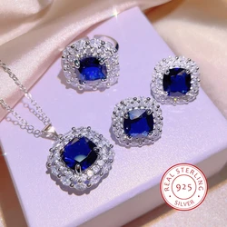 925 Sterling Silver Light Luxury Fashion Geometric Blue Pendant Necklace Set Women's Full Cubic Zirconia Luxury Wedding Jewelry