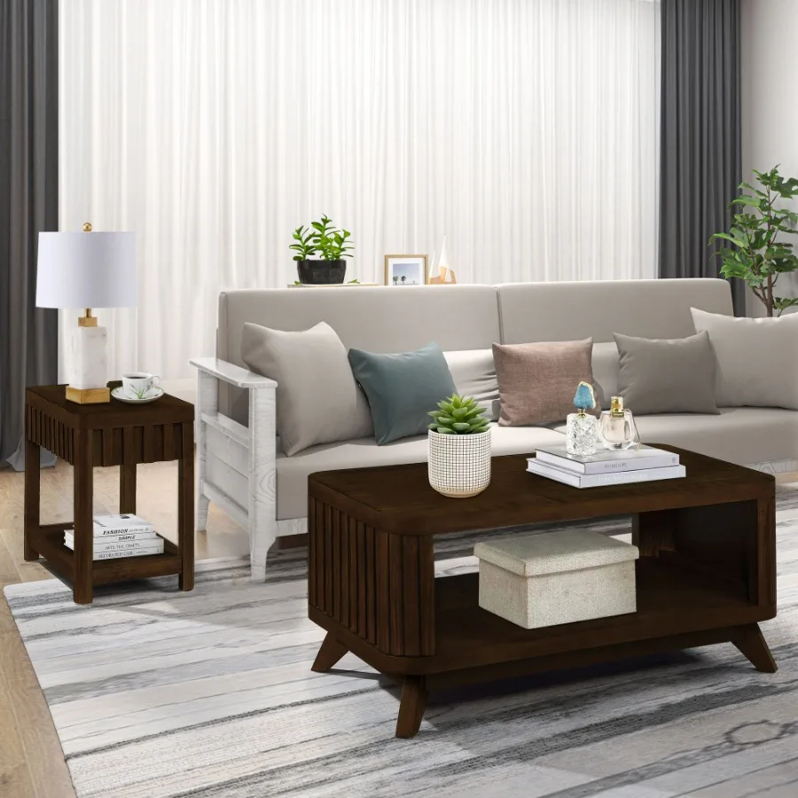 طاولة قهوة خشبية مستطيلة لغرفة المعيشة طاولة قهوة مقاس 41.5 بوصة مع أرجل خشبية صلبة طاولة شاي مركزية خشبية مع مفتوحة #3