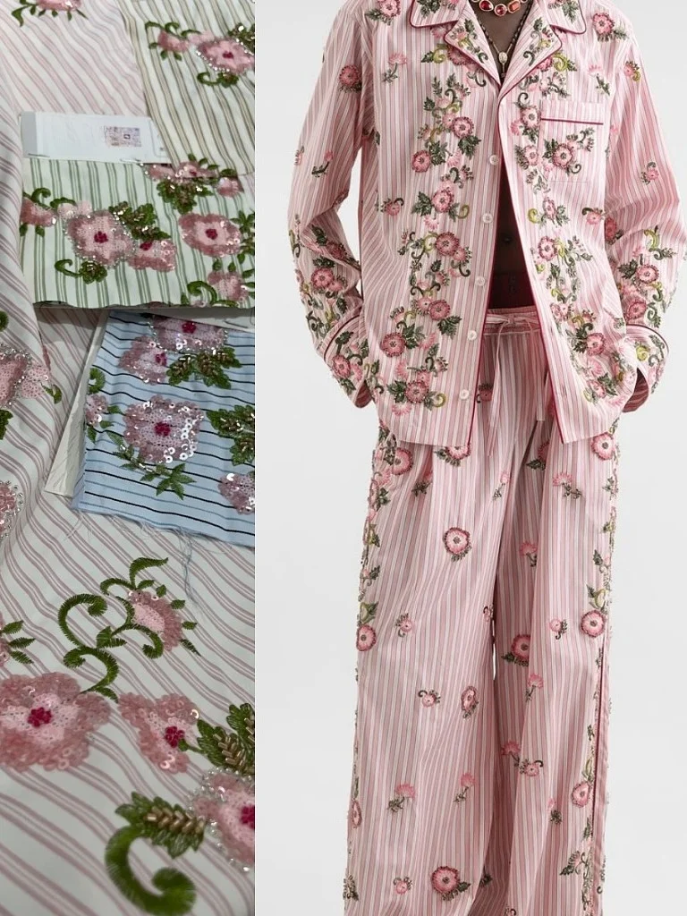 

Pink Striped Cotton Shirt Embroidered Floral Bohemian Style French Country Casual Dressing Material Four Seasons Universal
