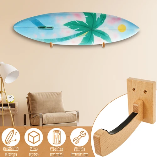 Imagen 2 del producto Estante de pared de madera para tabla de surf, soporte de exhibición para tabla de surf montado en la pared, colgador para Longboards, patinetas, snowboards, esquí
