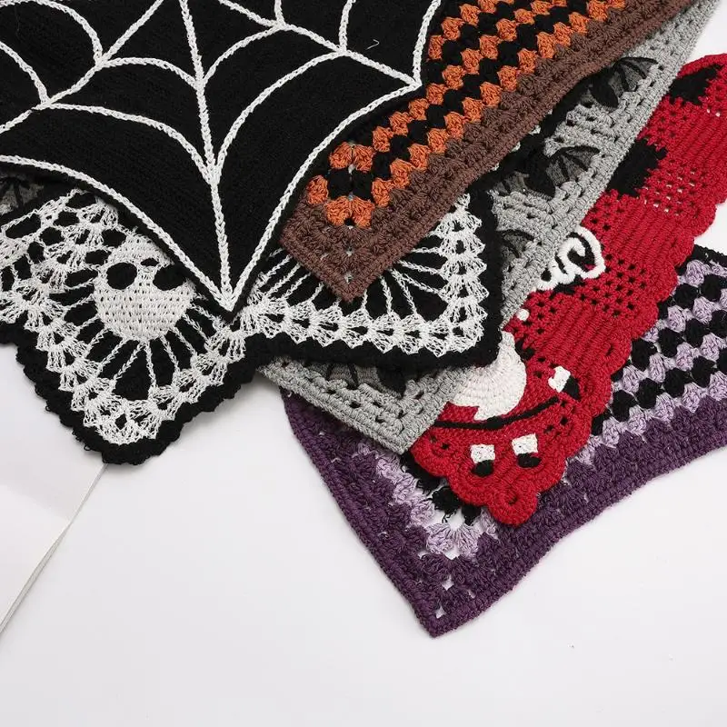 Gestrickter Baumwoll-Halloween-Fledermaus-Kopftuch-Hut Dreieckstuch Totenkopf-Stirnband für Frauen und Mädchen Allerheiligen-Geschenk – Detail 3