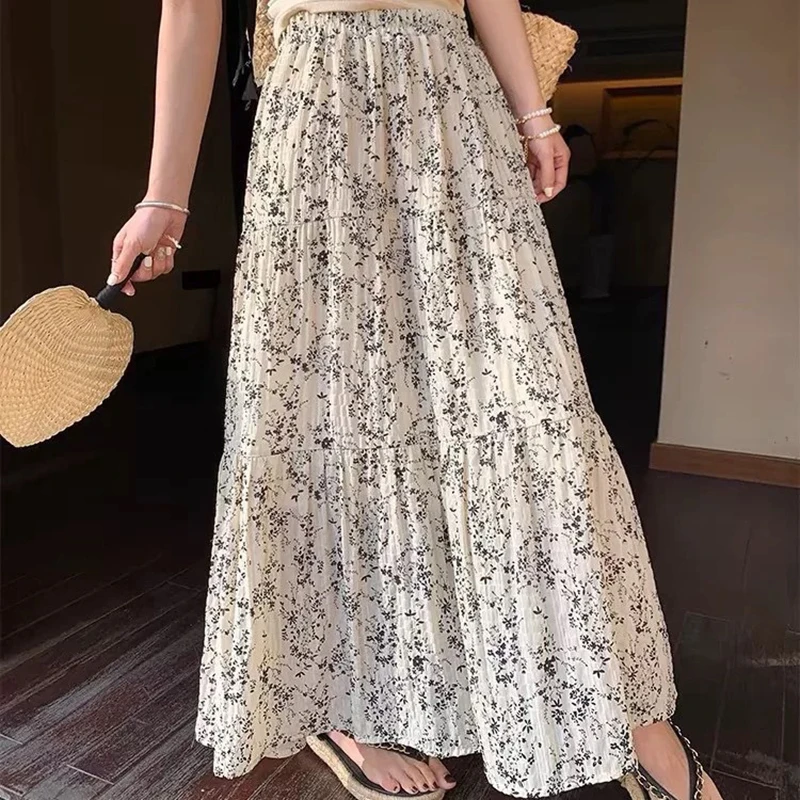 

Классическая винтажная юбка с цветочным принтом для женщин, летняя пляжная юбка из шифона, элегантная плиссированная юбка А-силуэта, драпированная повседневная юбка в стиле преппи для отдыха