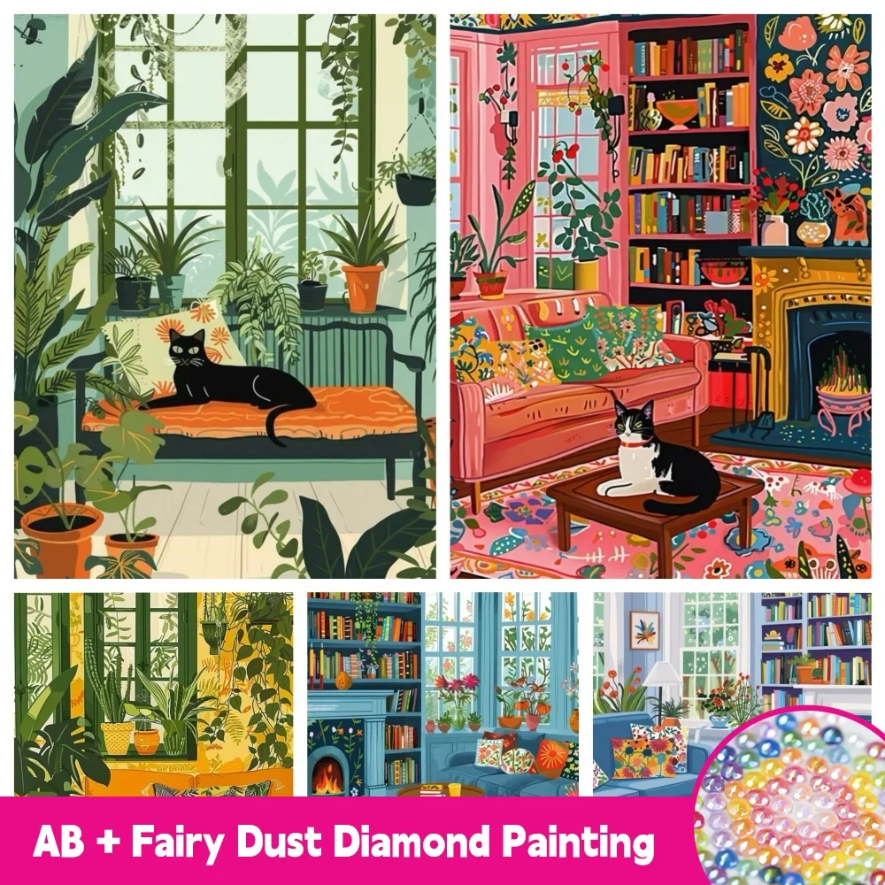 

AB Fairy Dust Diamond Painting Animal Cat in Bedroom Living Room Landscape Mosaic Art Cross Stitch Embroidery Home Decoration
