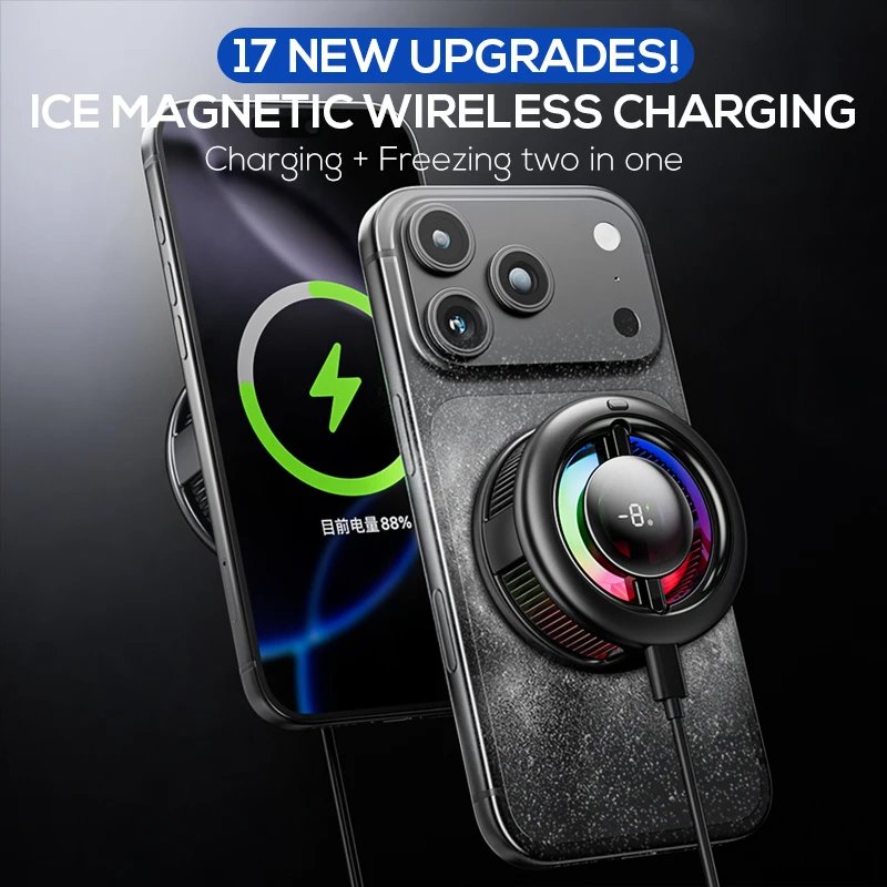 2-in-1 Magnetic Aluminum Alloy Phone Cooler with Fix Clip 15W Digital Temperature Display RGB Lights for Gaming