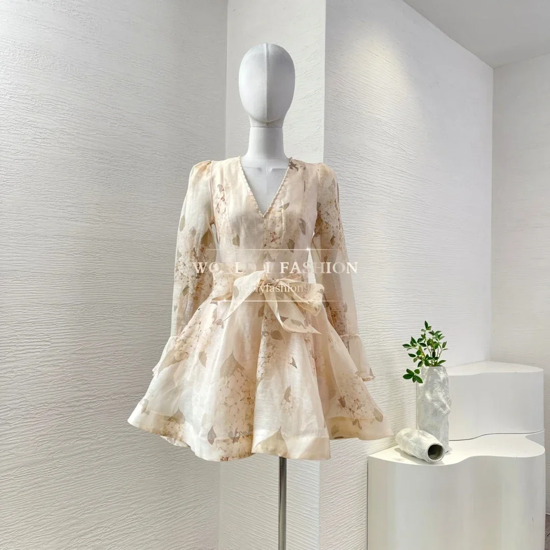 

2025 New Arrivals High Quality Lace-up A-line Ruffles Women Holiday Mini Dress Linen Silk Floral Print