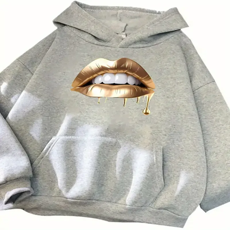 Casual pulôver com capuz lábios dourados impressão macio e confortável outono inverno temporada aconchegante moletom bolsos das mulheres novo streetwear