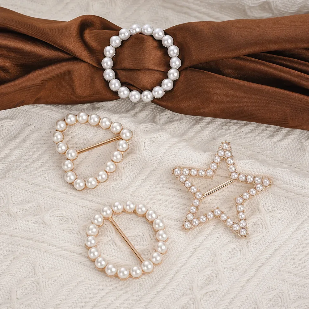 Trendy Round Heart Brooches Pearl Strap Charm Scarf Ring Clip Women Fixed Buckle Safety Pin Brooch Knotted Corner Button Jewelry