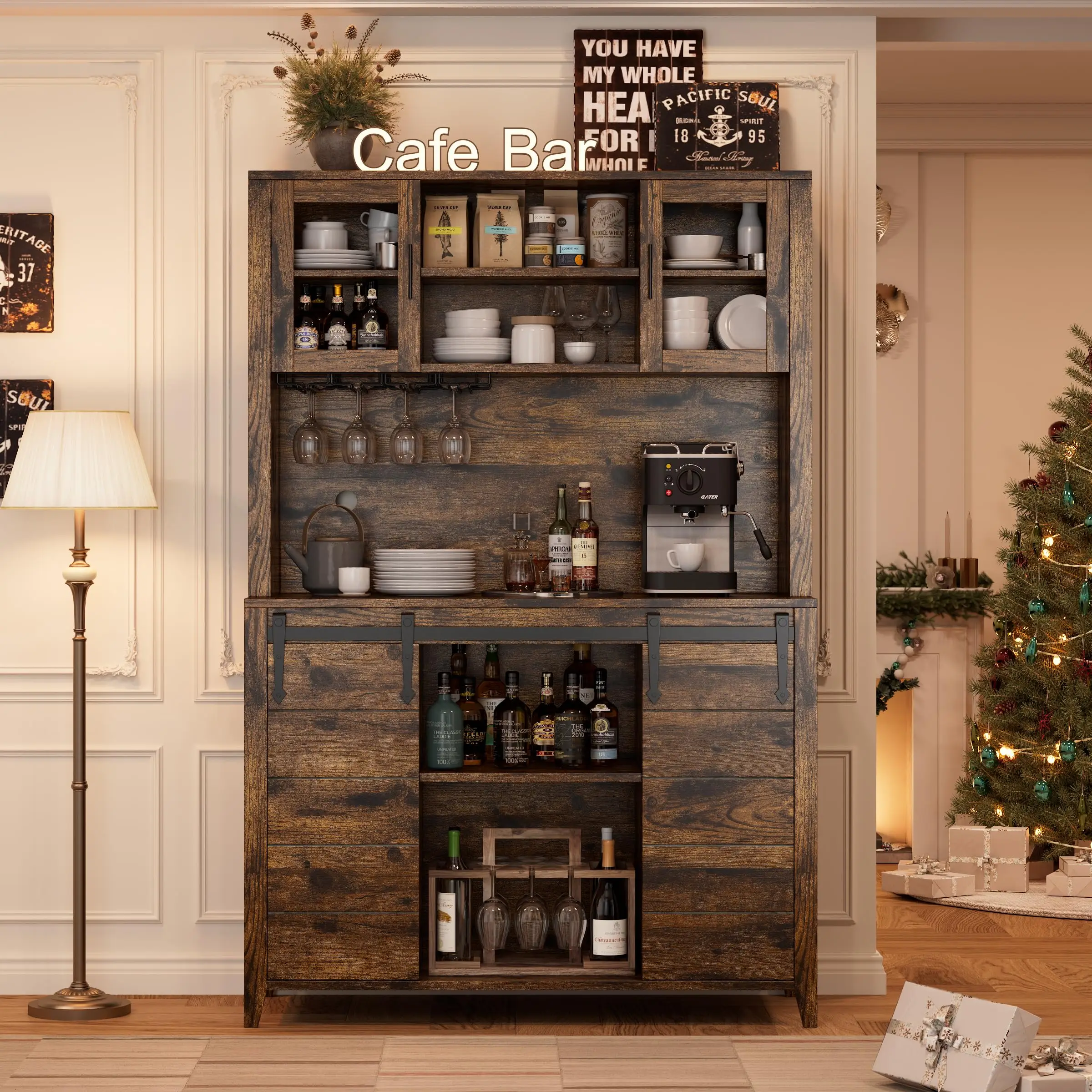 70'' Wine Coffee Bar Cabinet with Storage Hutch, Tall Kitchen Pantry Liquor Cabinet with Sliding Barn Doors, Bottle