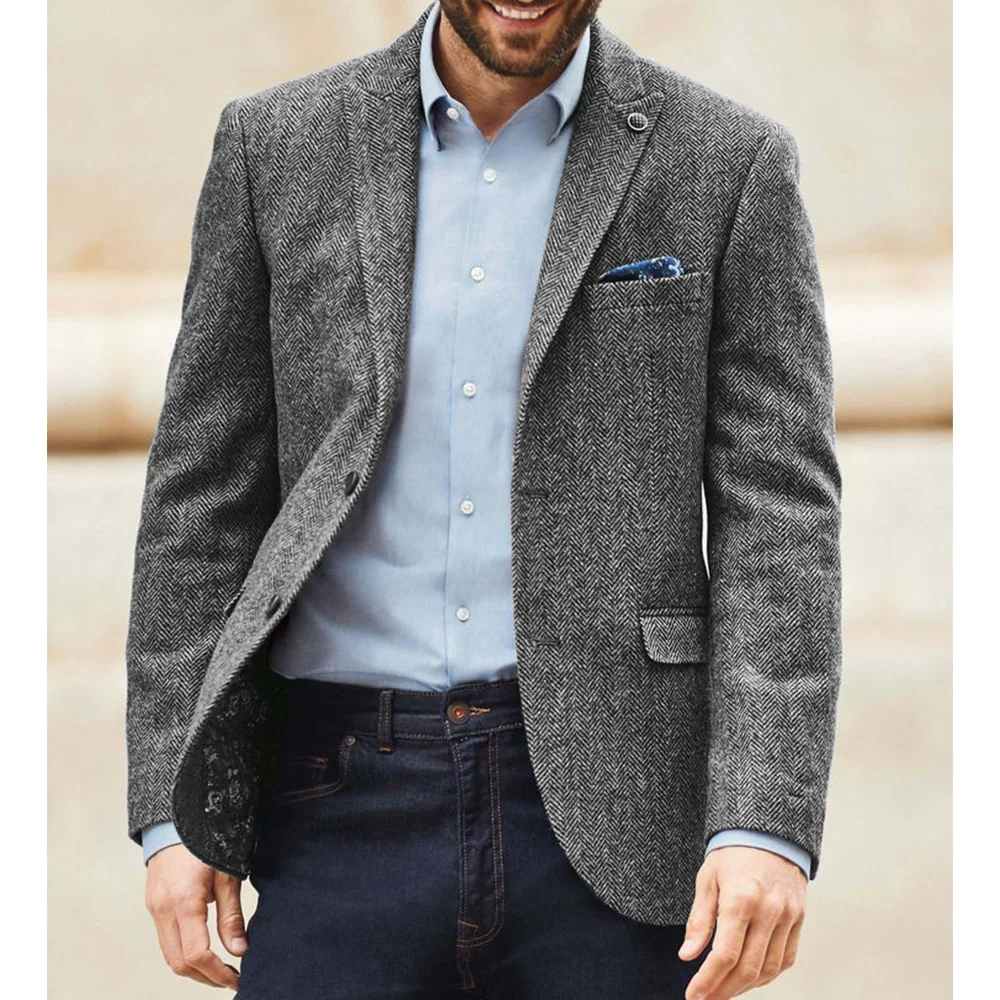 Men's Brown Herringbone Suit Blazer Classic Notch Lapel Dress Jacket Elegant Slim Fit Fashion Simple Casual Business Outerwear