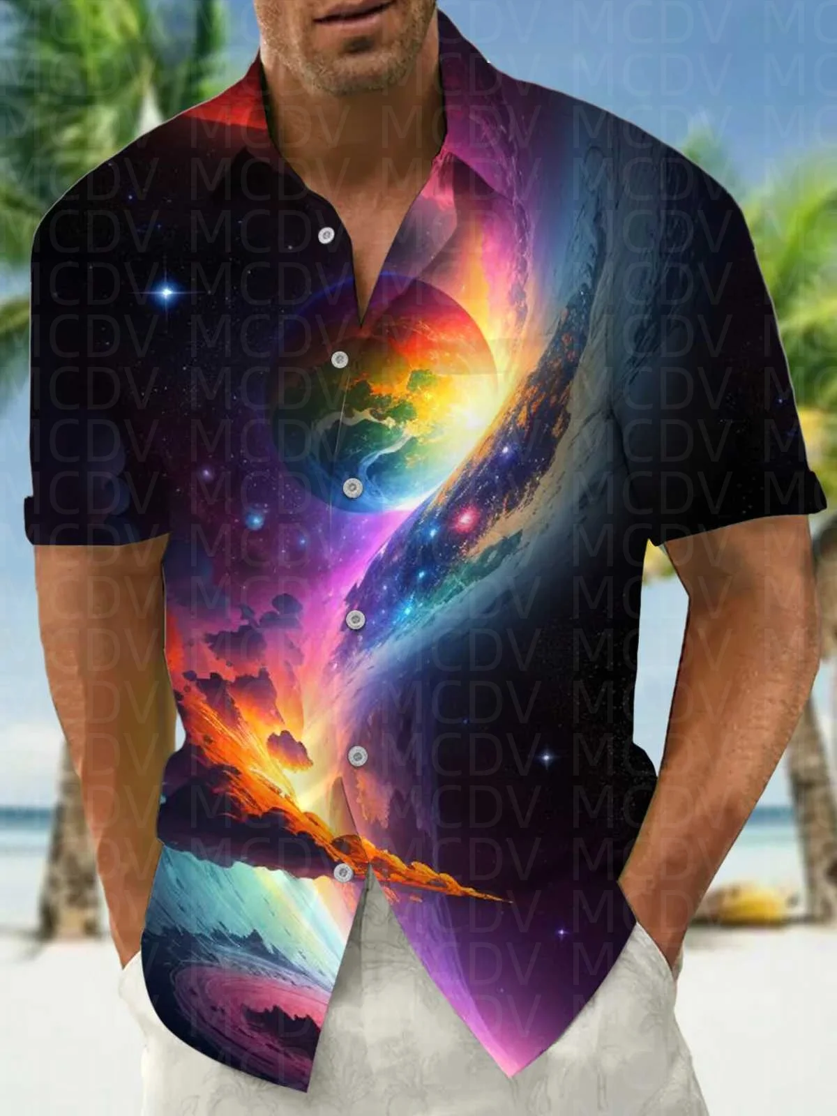 Sun Pattern Style Men's Hawaiian Shirt Stretch Easy Care Camp Shirt Big Tall